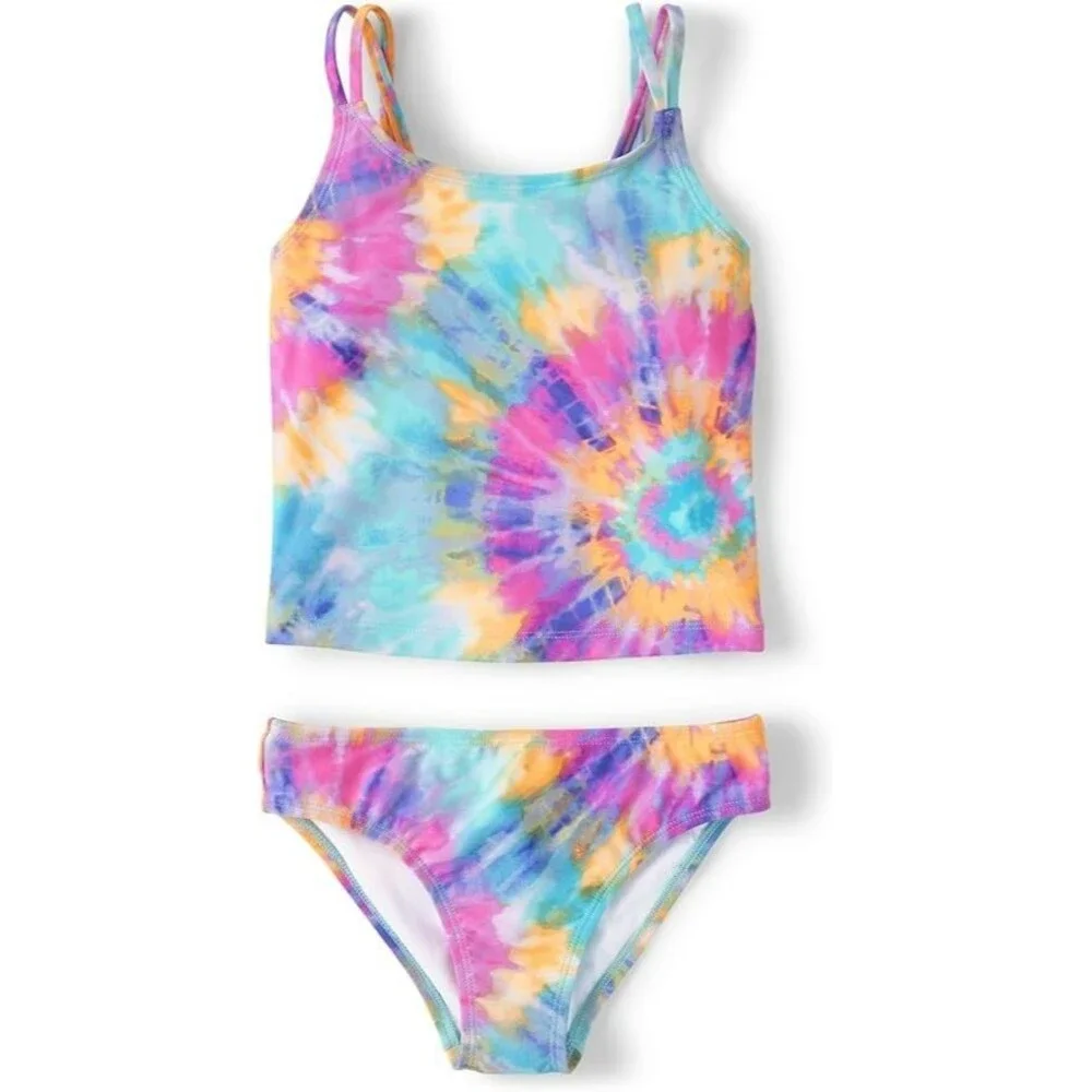 The Children's Place Girls 2-Piece Tankini Swimsuit LARGE Teal Tie Dye Straps